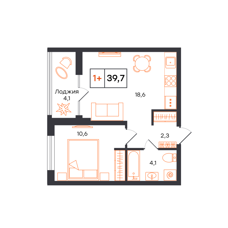 Планировка 1-комн. квартира, 39.7 м² — ЖК «Чемпионский»