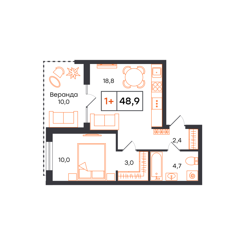 Планировка 1-комн. квартира, 48.9 м² — ЖК «Чемпионский»