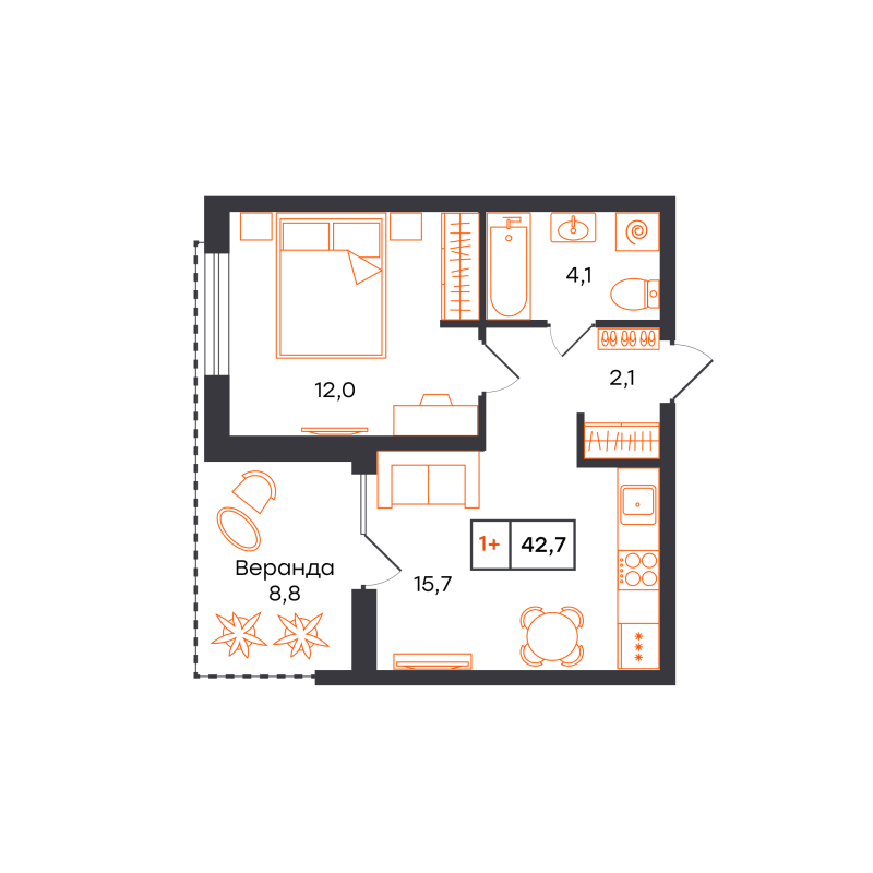 Планировка 1-комн. квартира, 42.7 м² — ЖК «Чемпионский»