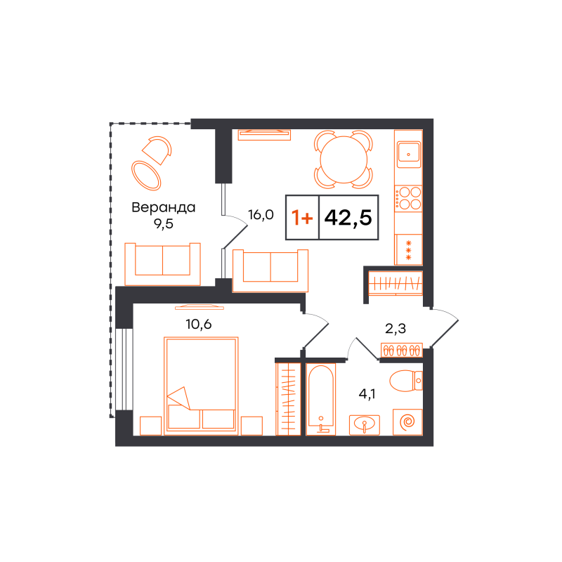 Планировка 1-комн. квартира, 42.5 м² — ЖК «Чемпионский»