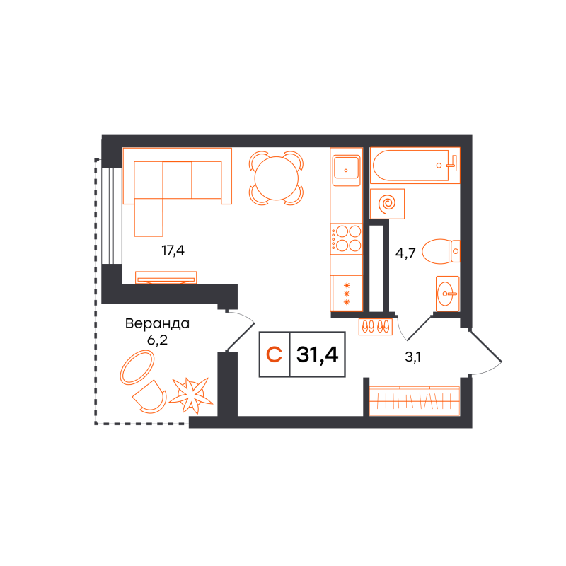 Планировка Студия, 31.4 м² — ЖК «Чемпионский»