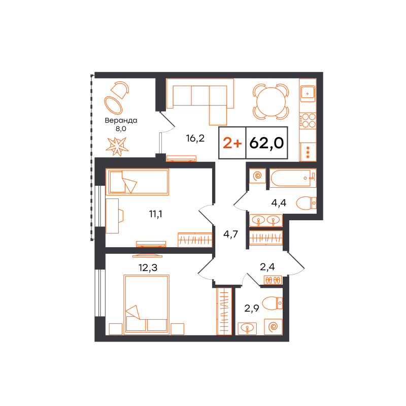 Планировка 2-комн. квартира, 62 м² — ЖК «Чемпионский»