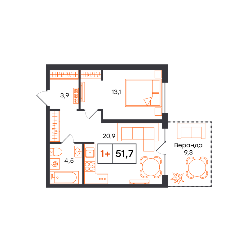 Планировка 1-комн. квартира, 51.7 м² — ЖК «Чемпионский»