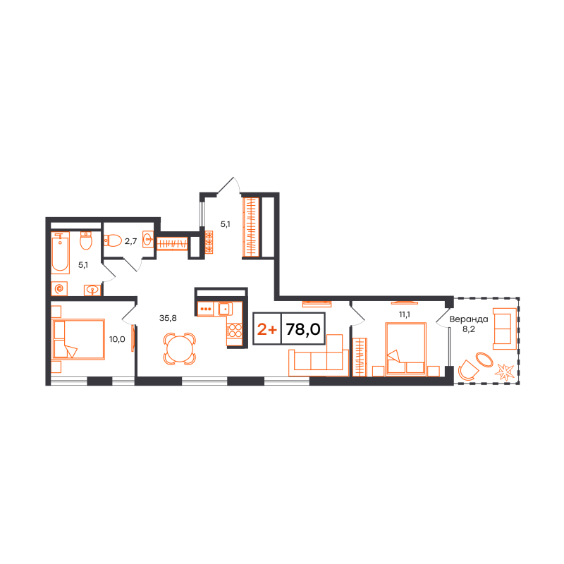 Планировка 2-комн. квартира, 78 м² — ЖК «Чемпионский»