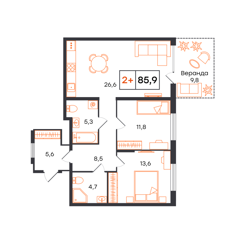 Планировка 2-комн. квартира, 85.9 м² — ЖК «Чемпионский»
