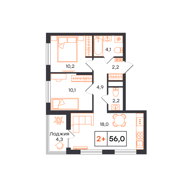 Планировка 2-комн. квартира, 56 м² — ЖК «Чемпионский»