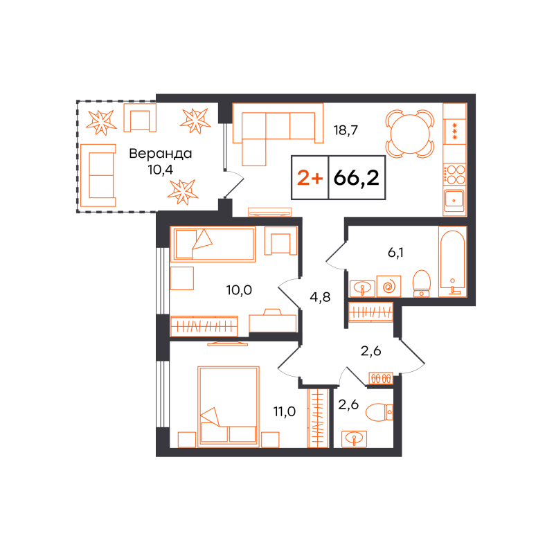 Планировка 2-комн. квартира, 66.2 м² — ЖК «Чемпионский»