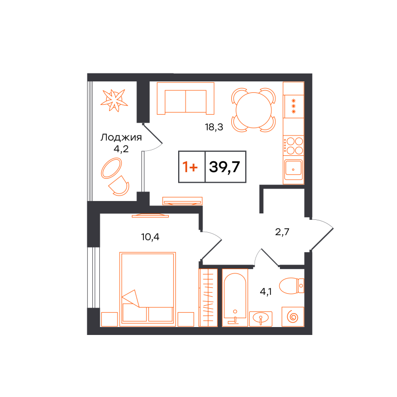 Планировка 1-комн. квартира, 39.7 м² — ЖК «Чемпионский»