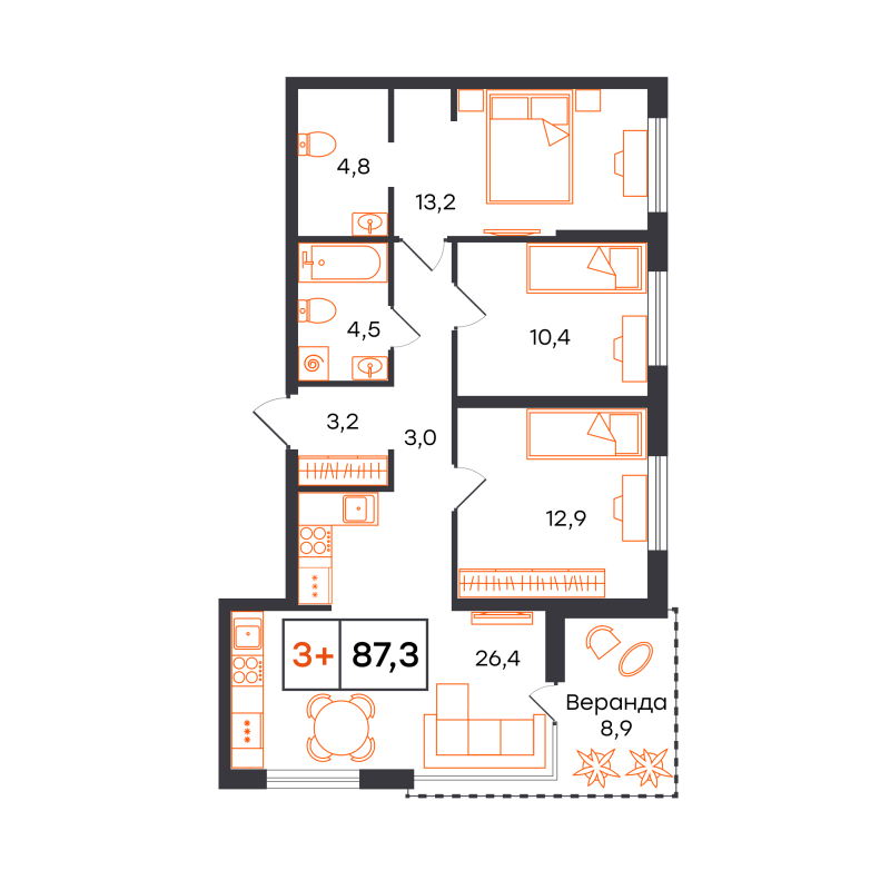 Планировка 3-комн. квартира, 87.3 м² — ЖК «Чемпионский»