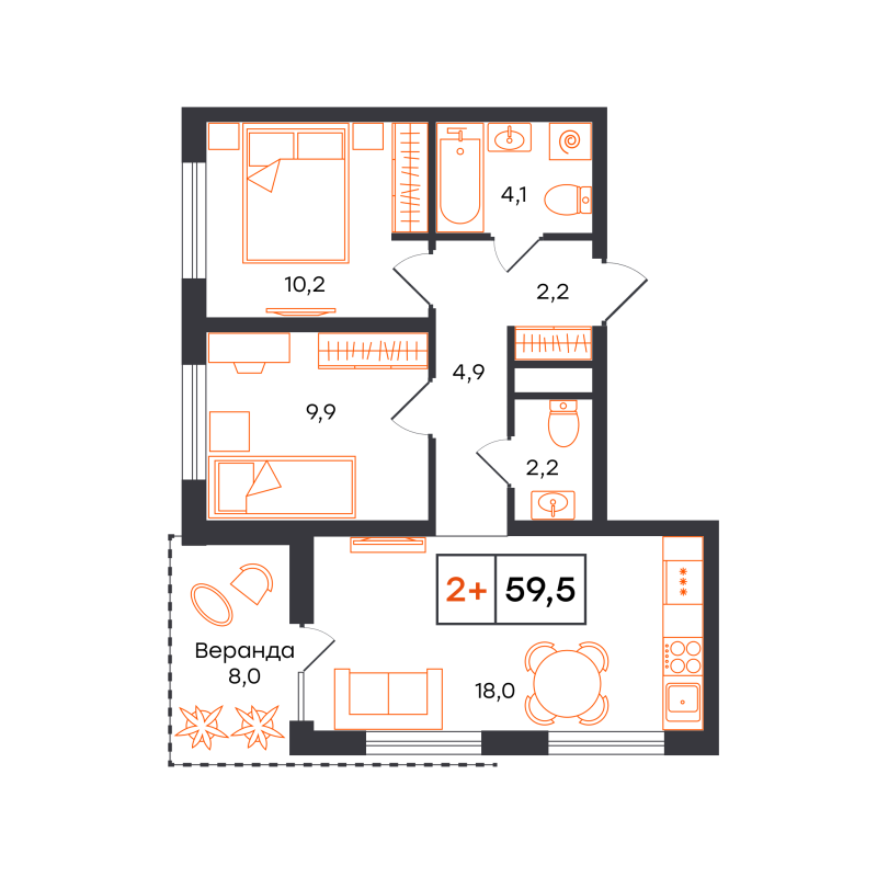 Планировка 2-комн. квартира, 59.5 м² — ЖК «Чемпионский»
