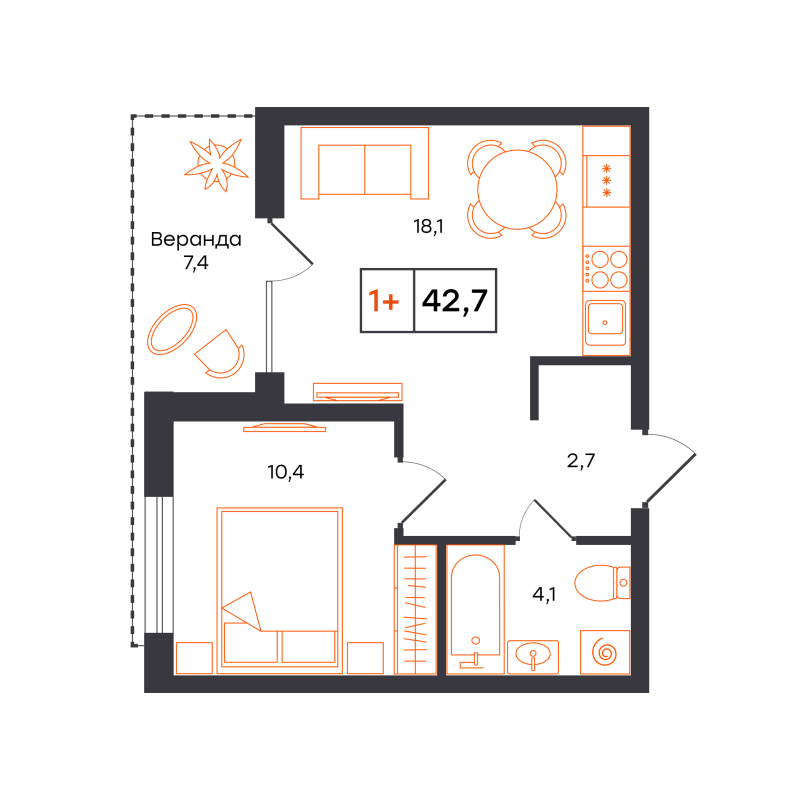 Планировка 1-комн. квартира, 42.7 м² — ЖК «Чемпионский»