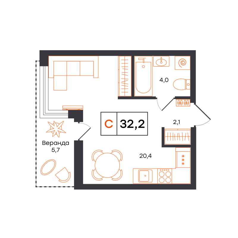Планировка Студия, 32.2 м² — ЖК «Чемпионский»