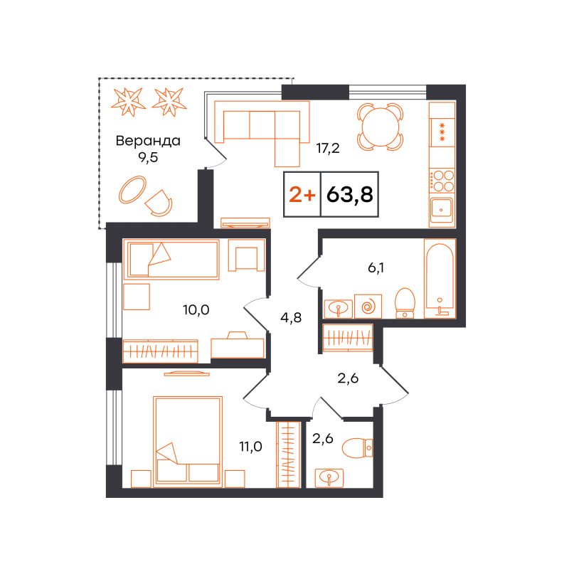 Планировка 2-комн. квартира, 63.8 м² — ЖК «Чемпионский»