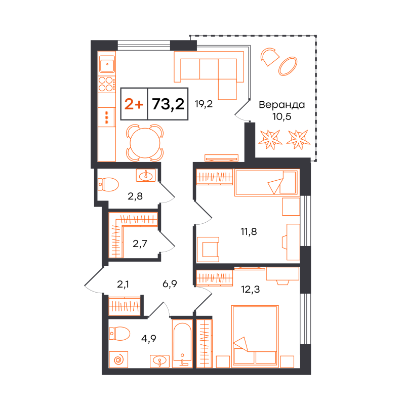 Планировка 2-комн. квартира, 73.2 м² — ЖК «Чемпионский»
