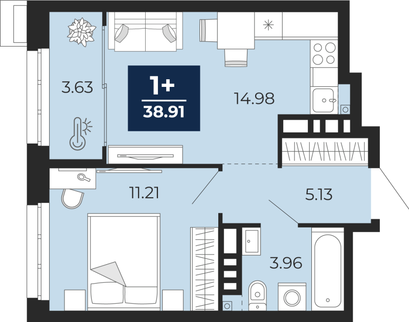 Планировка 1-комн. квартира, 38.9 м² — ЖК «Айвазовский»