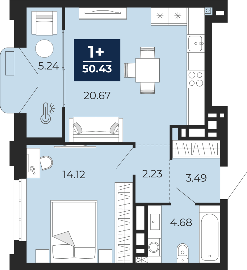 Планировка 1-комн. квартира, 50.4 м² — ЖК «Айвазовский»