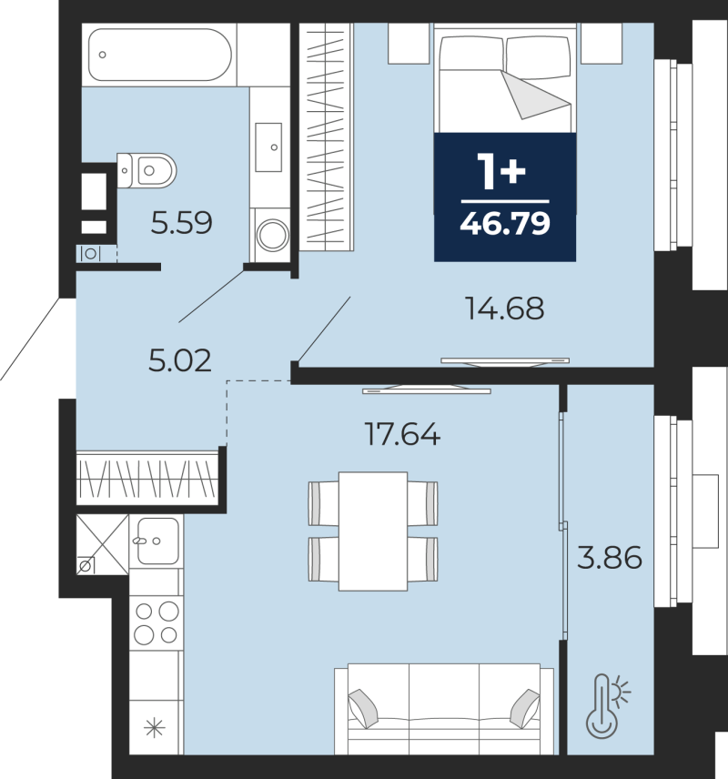 Планировка 1-комн. квартира, 46.8 м² — ЖК «Айвазовский»