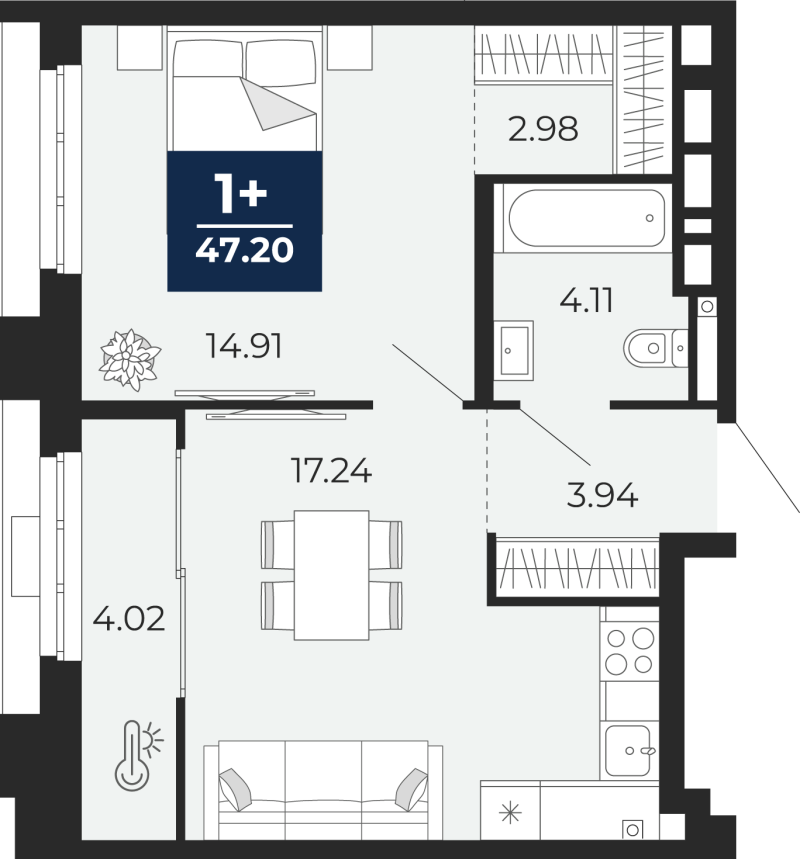 Планировка 1-комн. квартира, 47.2 м² — ЖК «Айвазовский»