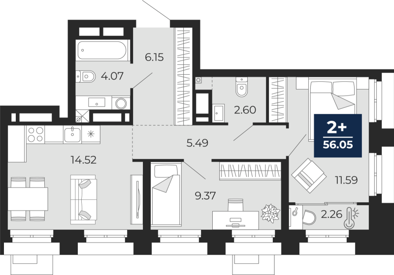 Планировка 2-комн. квартира, 56 м² — ЖК «Айвазовский»