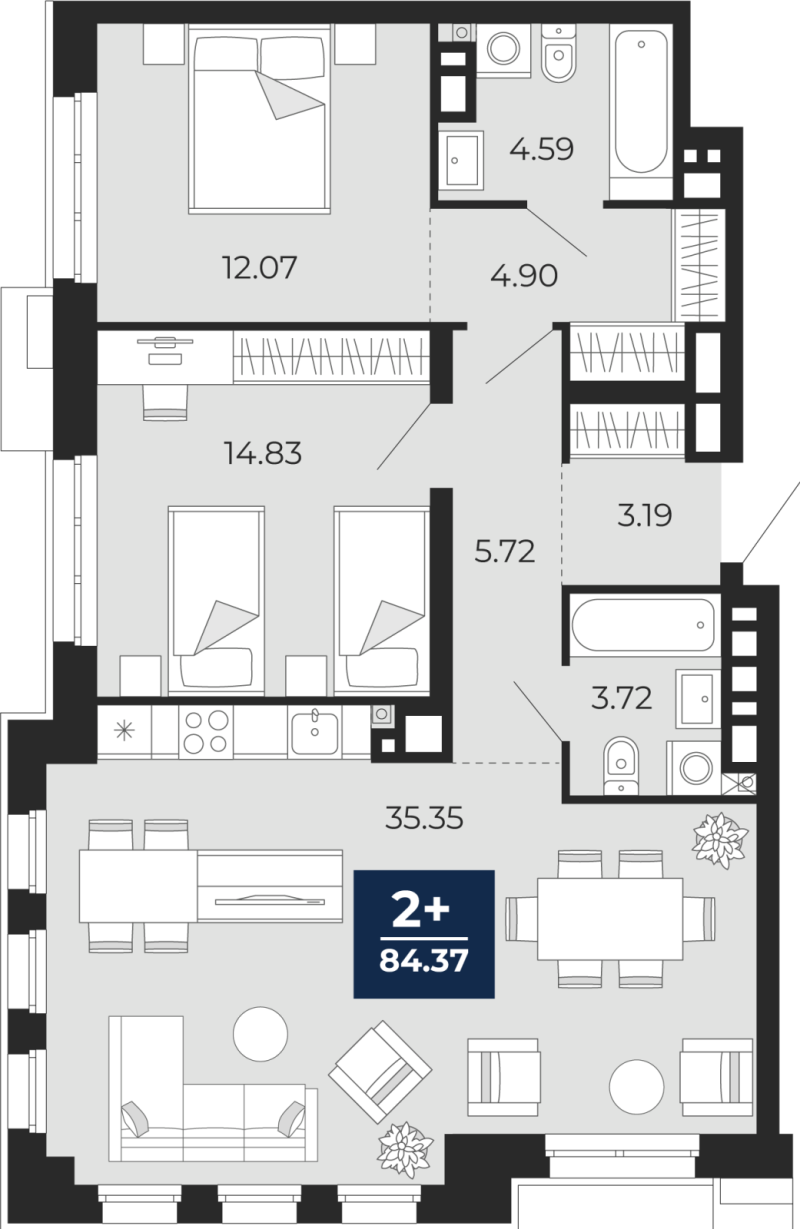 Планировка 2-комн. квартира, 84.4 м² — ЖК «Айвазовский»