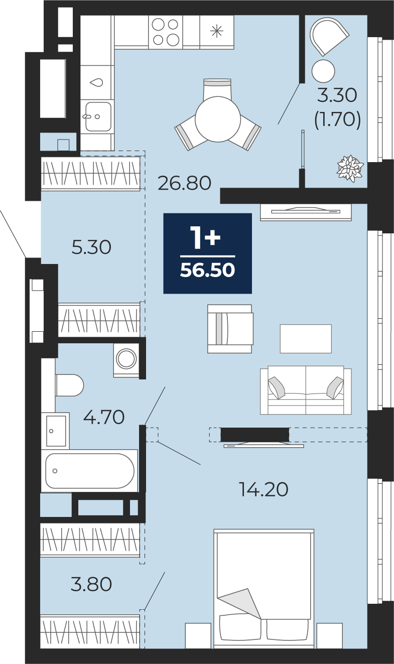 Планировка 1-комн. квартира, 58.1 м² — ЖК «Айвазовский»