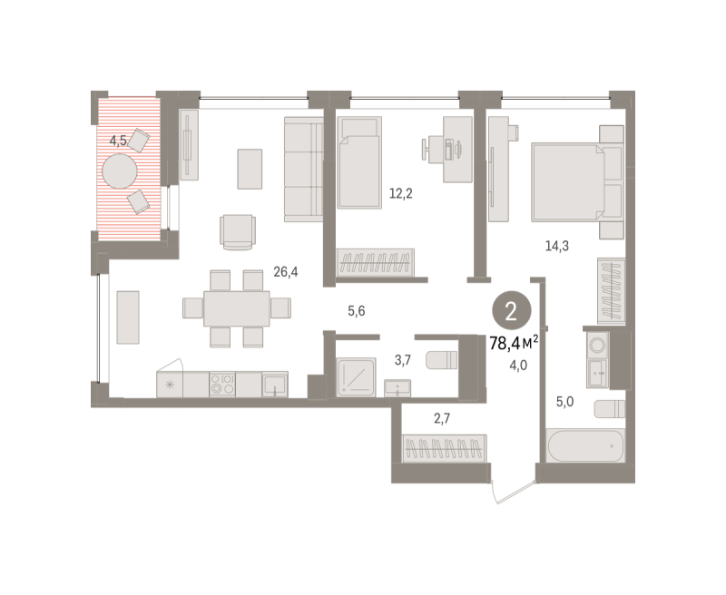 Планировка 2-комн. квартира, 78.4 м² — ЖК «Дом у озера»