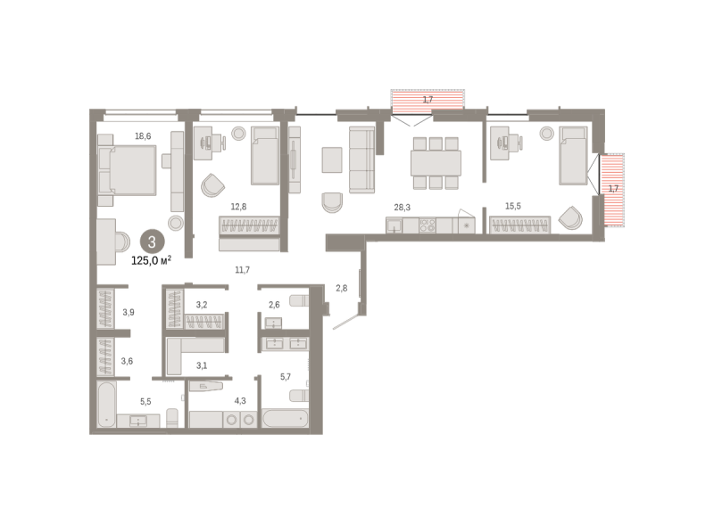 Планировка 3-комн. квартира, 125 м² — ЖК «Республики 205»