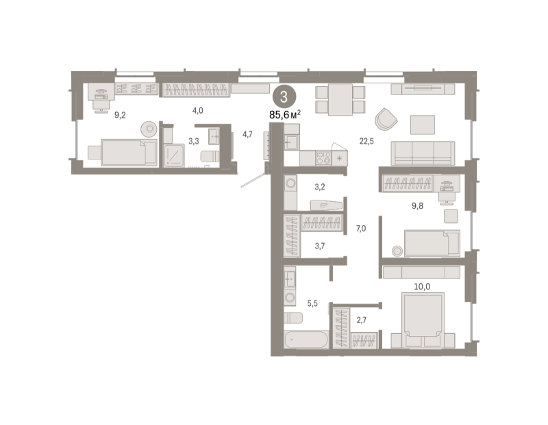 Планировка 3-комн. квартира, 85.6 м² — ЖК «Республики 205»
