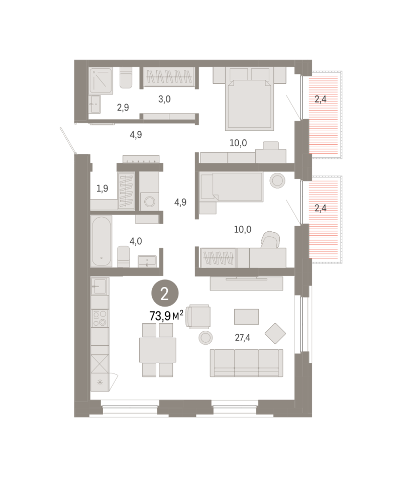 Планировка 2-комн. квартира, 73.9 м² — ЖК «Зарека»