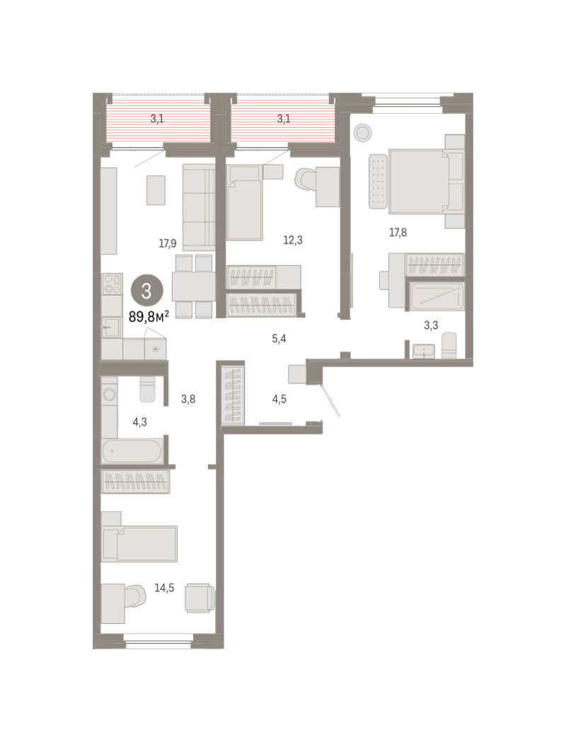Планировка 3-комн. квартира, 89.8 м² — ЖК «Зарека»