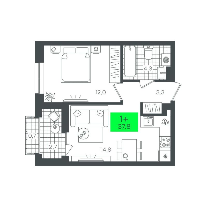 Планировка 1-комн. квартира, 37.8 м² — ЖК «Сезоны»