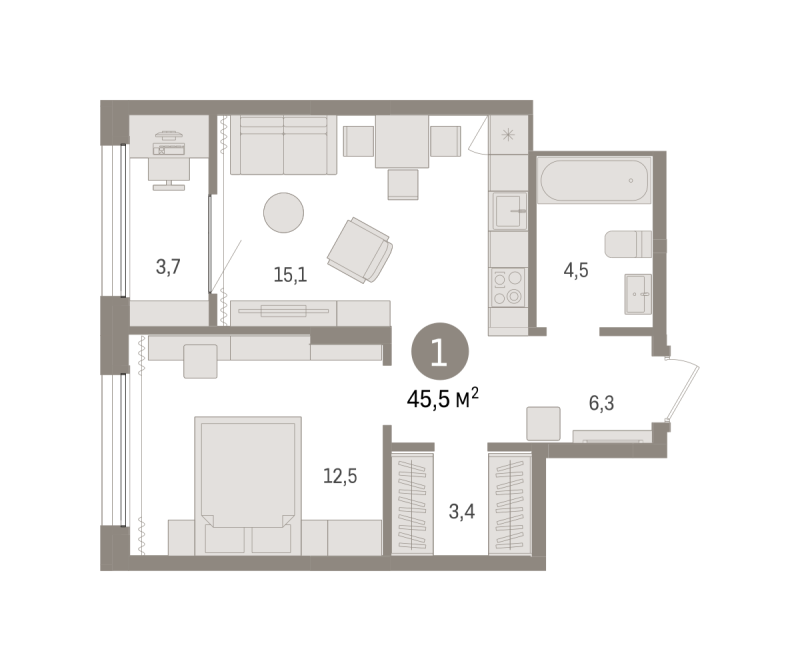 Планировка 1-комн. квартира, 45.5 м² — ЖК «Октябрьский на Туре»