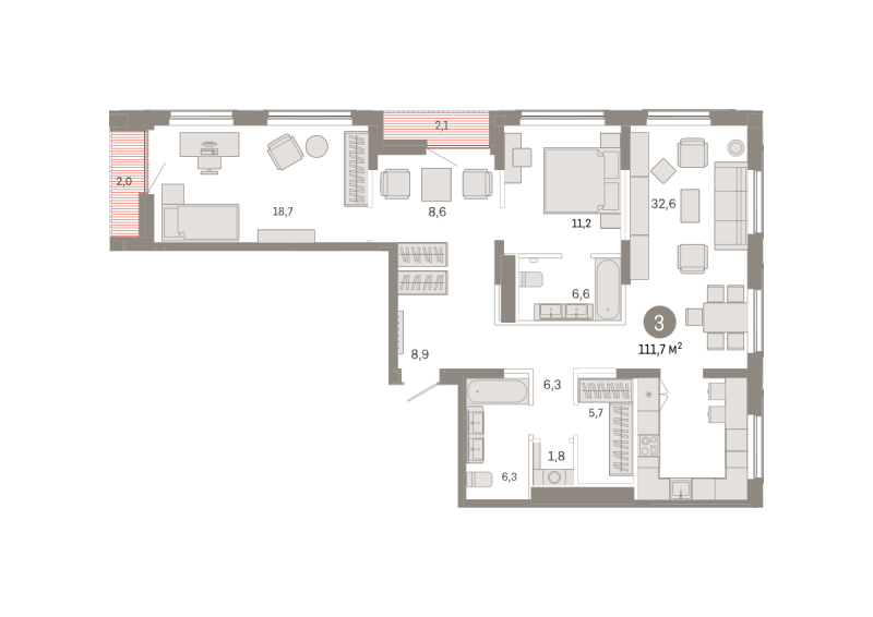 Планировка 3-комн. квартира, 111.7 м² — ЖК «Октябрьский на Туре»