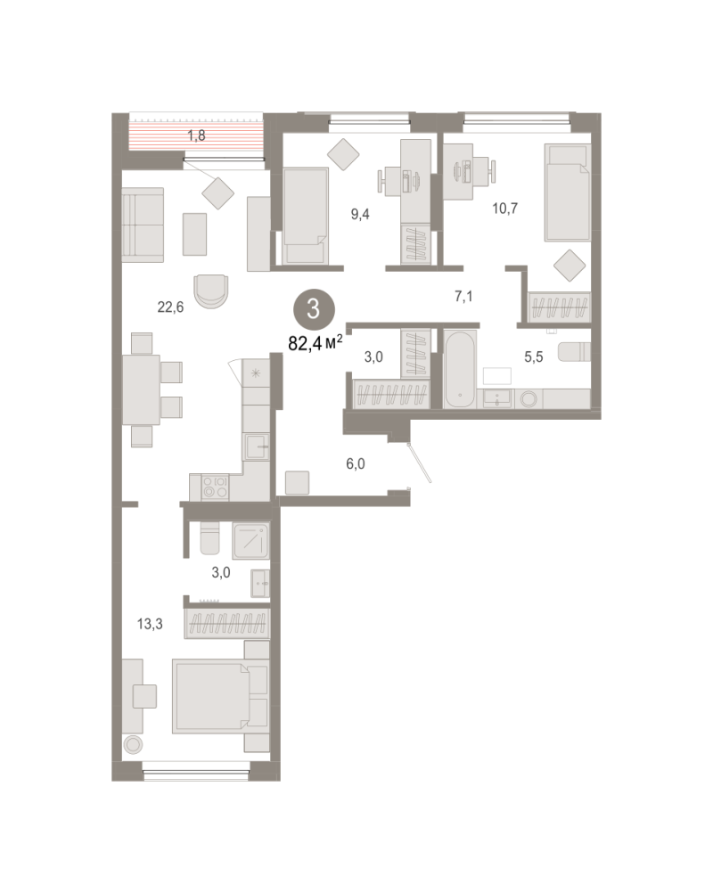 Планировка 3-комн. квартира, 82.4 м² — ЖК «Октябрьский на Туре»