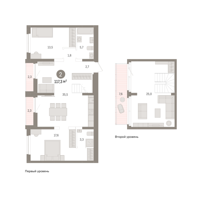Планировка 2-комн. квартира, 117.3 м² — ЖК «Речной порт»