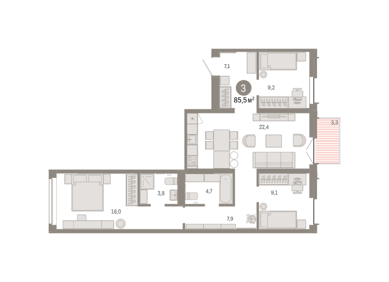 Планировка 3-комн. квартира, 85.5 м² — ЖК «Республики 205»