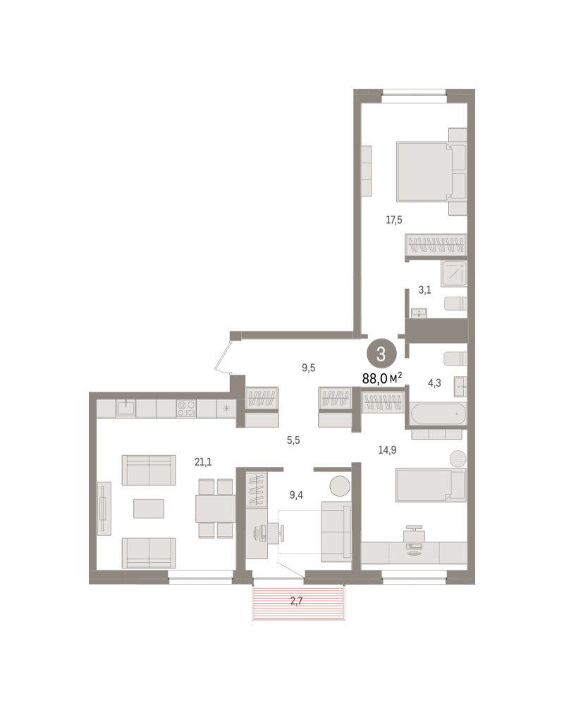 Планировка 3-комн. квартира, 88 м² — ЖК «Речной порт»