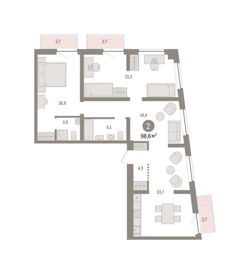Планировка 2-комн. квартира, 98.6 м² — ЖК «Речной порт»