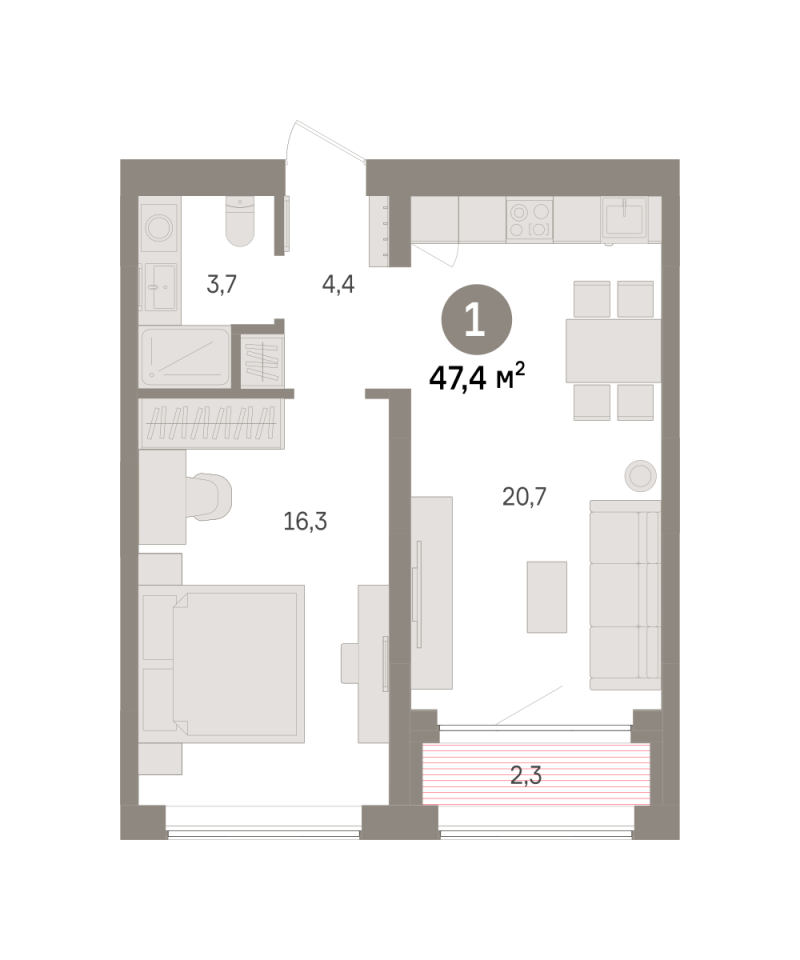 Планировка 1-комн. квартира, 47.4 м² — ЖК «Речной порт»