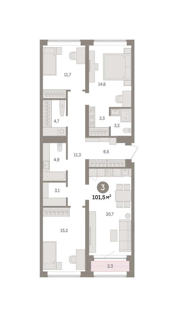 Планировка 3-комн. квартира, 101.5 м² — ЖК «Речной порт»