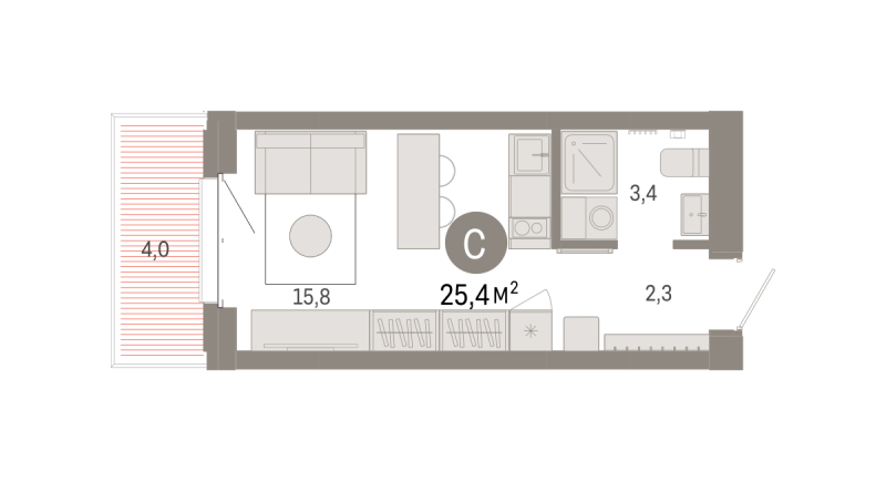 Планировка Студия, 25.4 м² — ЖК «Кварталы «На Минской»»