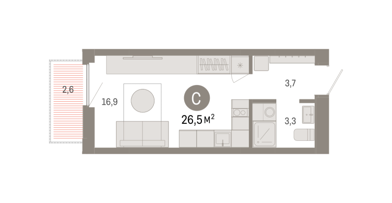 Планировка Студия, 26.5 м² — ЖК «Зарека»