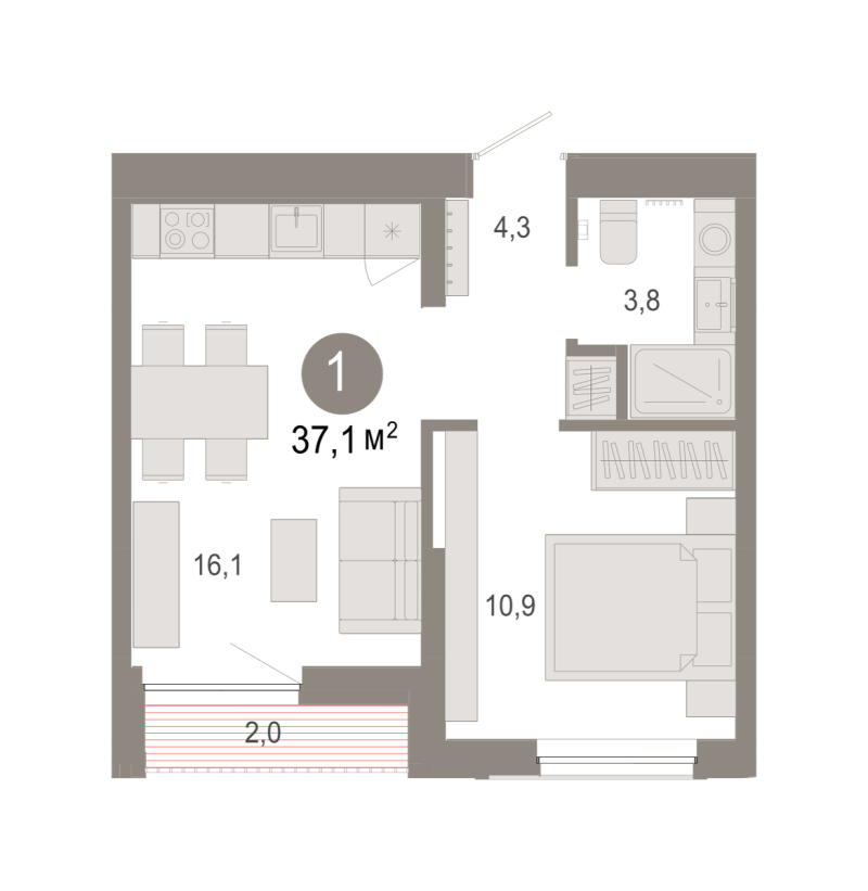 Планировка 1-комн. квартира, 37.1 м² — ЖК «Октябрьский на Туре»