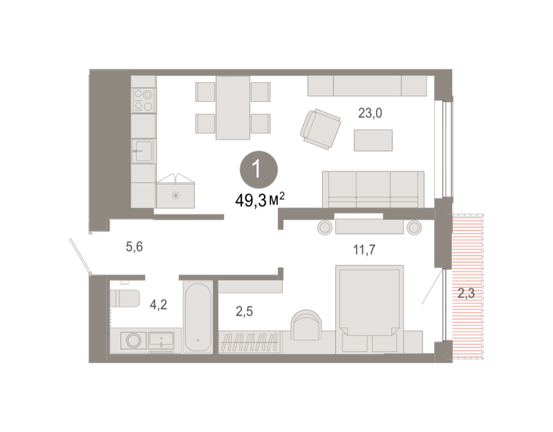 Планировка 1-комн. квартира, 49.3 м² — ЖК «Октябрьский на Туре»