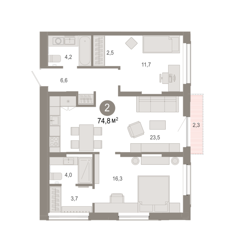 Планировка 2-комн. квартира, 74.8 м² — ЖК «Октябрьский на Туре»
