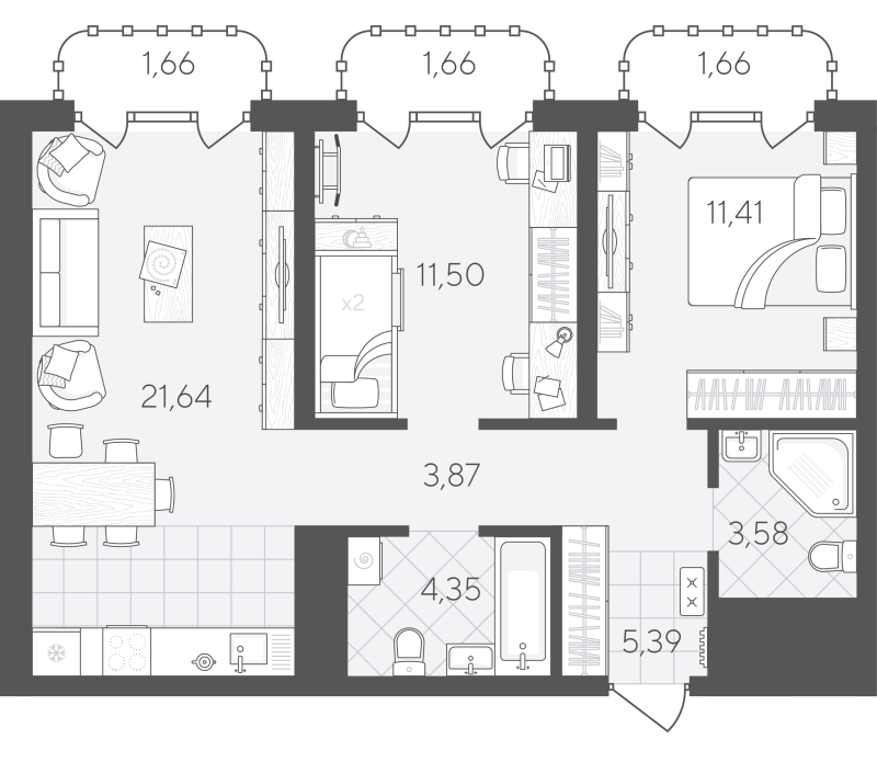 Планировка 2-комн. квартира, 66.7 м² — ЖК «Скандиа. Квартал в Слободе»