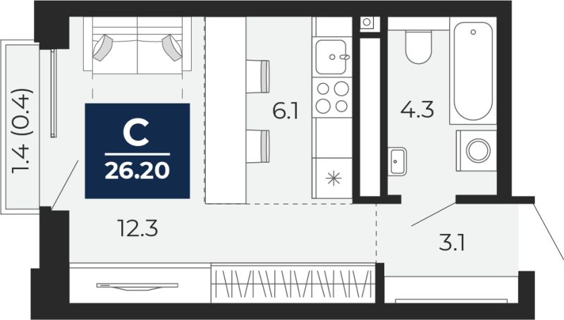 Планировка 1-комн. квартира, 26.2 м² — ЖК «Мириады»