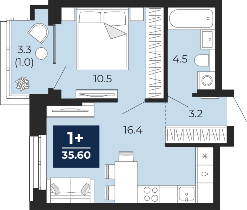Планировка 1-комн. квартира, 35.6 м² — ЖК «Мириады»