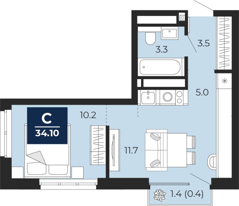 Планировка 1-комн. квартира, 34.1 м² — ЖК «Мириады»