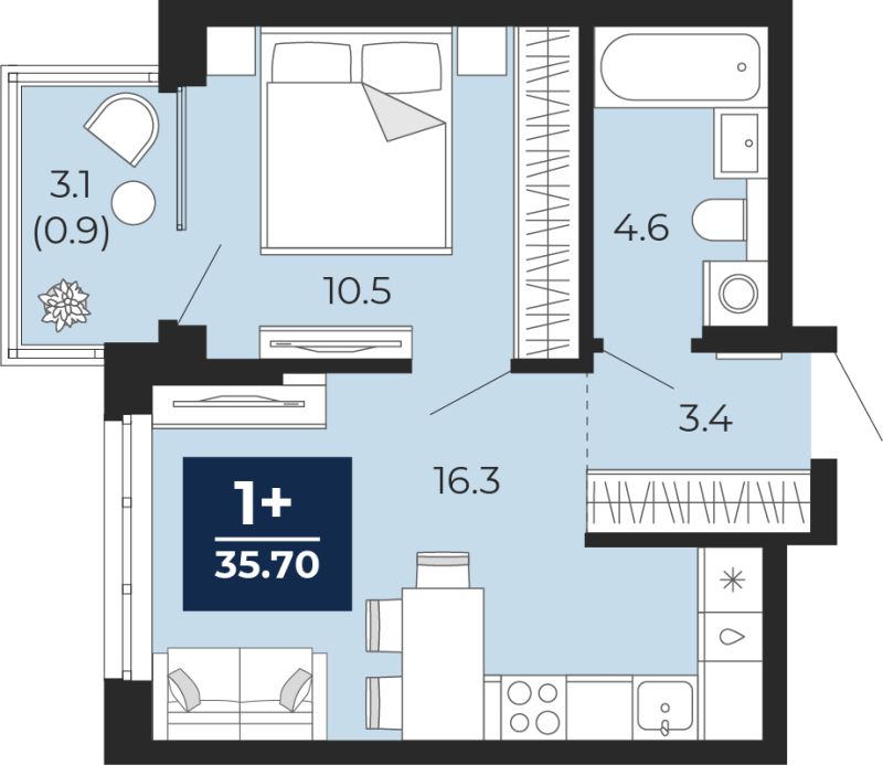 Планировка 1-комн. квартира, 35.7 м² — ЖК «Мириады»
